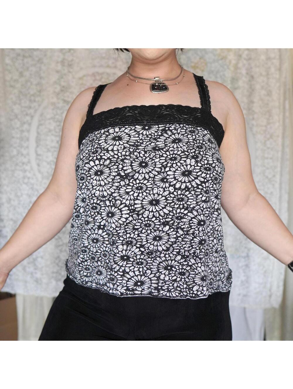 Y2K Lace Cami Cotton Floral Metallic Silver Fairy Boho Whimsygoth sz 18/20